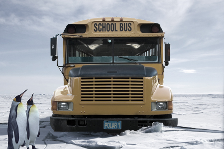 Composite of a school bus breaking ice in Antarctica. Penguins look on in bemusement.